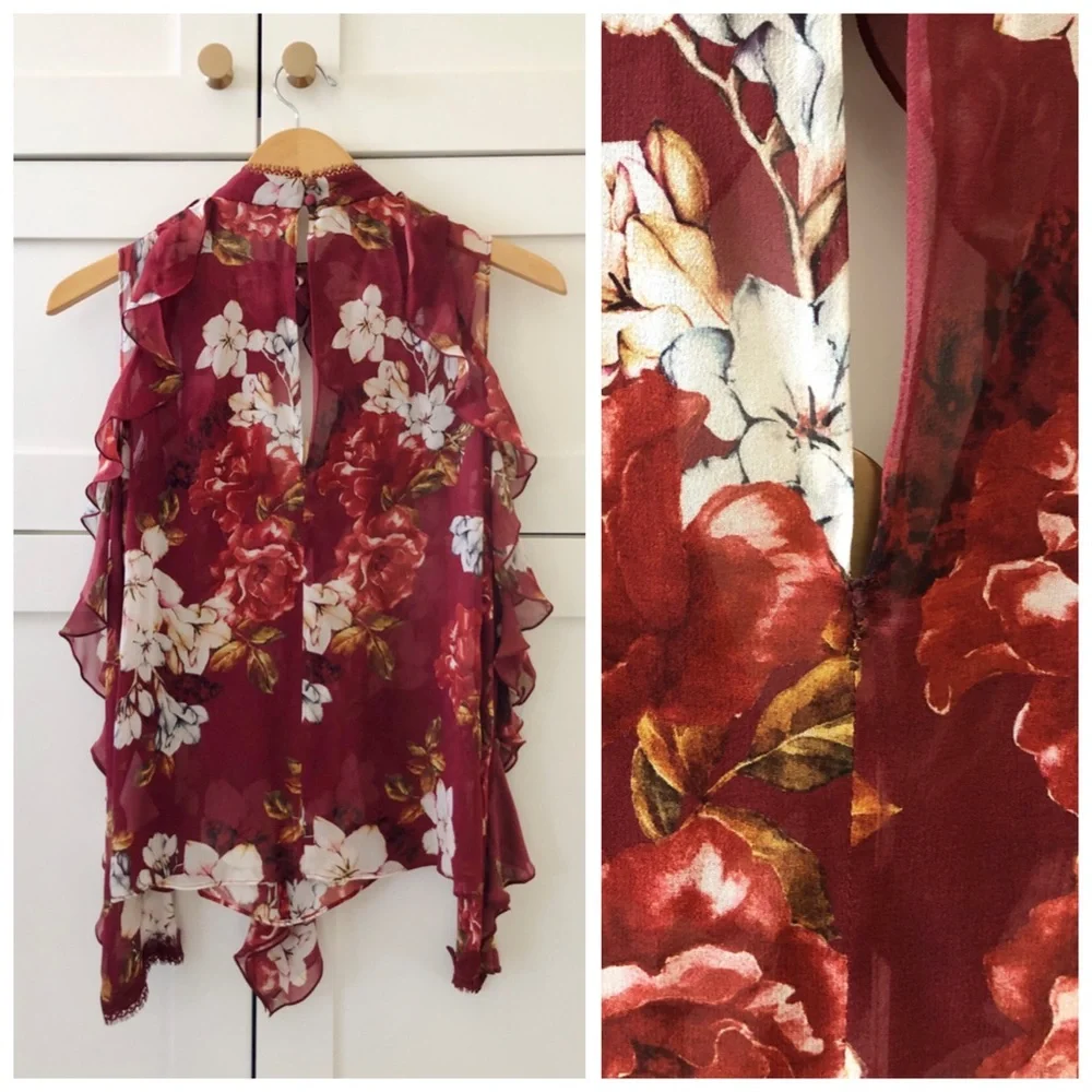 NICHOLAS Celeste Cold Shoulder Silk Blouse Top, Ruffle Floral sz. 2 - Picture 14 of 17